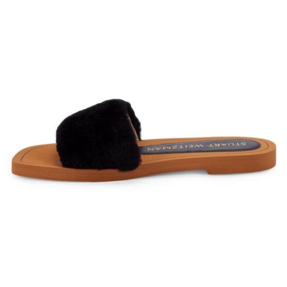 New in Box Stuart Weitzman Cammy Shearling Strap Slide Sandals 7 37.7 Black